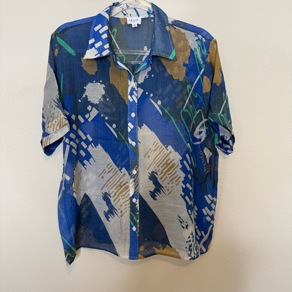 Le Lis Tops - Le Lis Retro Blue and Green Abstract Casual Shirt size Small